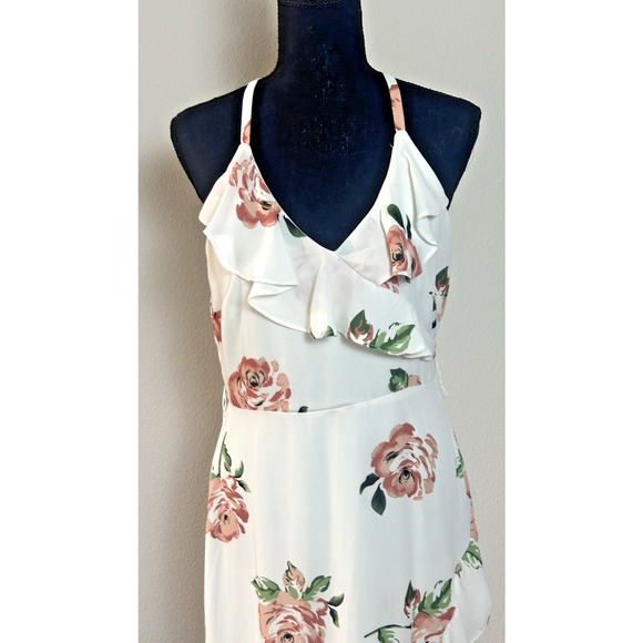 Women's( M) White Ivory Floral Hi Low Midi Ruffle V‎ Neck Disney Princess Dress - Picture 16 of 16